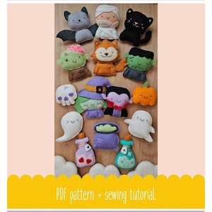 May include: A collection of felt Halloween-themed plushies, including a bat, mummy, black cat, zombie, fox, Frankenstein's monster, skull, witch, vampire, pumpkin, ghost, and potion bottles. The text "The Not-So-Scary Friends" and "What a curly life" are also visible.