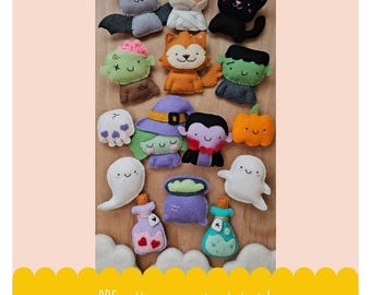 Easy 15 Halloween Felt Ornaments Pattern PDF – Witch, Ghost, Pumpkin, Bat | Hand Sewing Pattern for Beginners