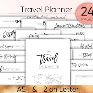 May include: A printable travel planner with 24 pages. The planner includes sections for packing, travel expenses, itinerary, hotel information, flights, and a travel journal. The cover features a world map and the text "My Travel Planner".