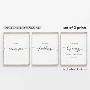Könnte beinhalten: Set aus drei druckbaren Wandbildern mit inspirierenden Zitaten aus Psalm 91,4. Die Drucke zeigen den Text "Er wird dich mit seinen Flügeln bedecken und unter seinen Flügeln wirst du Zuflucht finden".