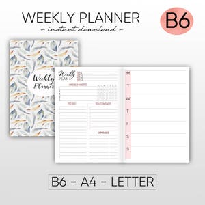 May include: A printable weekly planner with a watercolor floral design. The planner includes sections for goals, weekly habits, to do, to contact, and expenses. The planner is available in B6, A4, and Letter sizes.