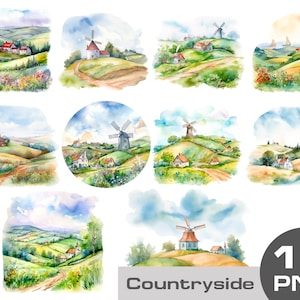 Watercolor Country scenery clipart, Country houses clipart, Farmhouse watercolor clipart, village house landscape png, free commercial use