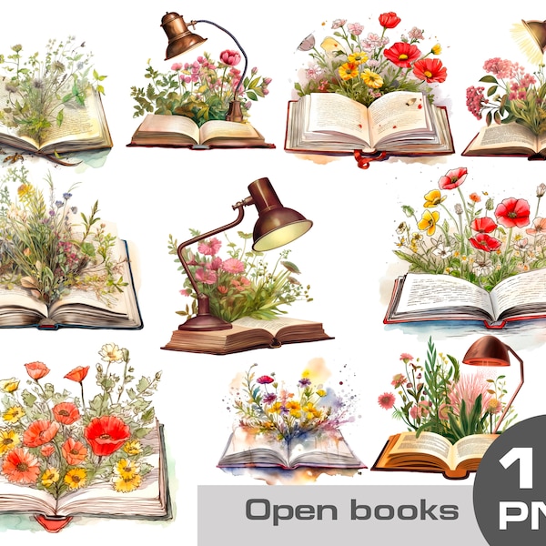 Watercolor open book clipart, watercolor cozy book clipart, fantasy open book png, floral book clipart on transparent background, open Bible