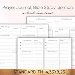 Puede incluir: Páginas imprimibles de diario para el estudio de la Biblia y las notas del sermón en blanco y negro. Las páginas incluyen secciones para el versículo bíblico, las definiciones, lo que aprendí, estoy agradecido por, el tiempo de devoción, el versículo para memorizar y las aplicaciones a mi vida. El texto "STANDARD TN 4,33X8,25" está en la parte inferior de la página.
