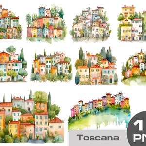 Tuscany Country House Watercolor Clipart, country Cottage clipart, Watercolor Italian Harbour clipart, Cozy Country Houses Bundle PNG, Italy