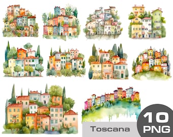 Tuscany Country House Watercolor Clipart, country Cottage clipart, Watercolor Italian Harbour clipart, Cozy Country Houses Bundle PNG, Italy