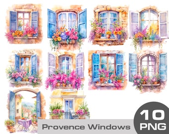 Watercolor Provence street’s window with flowers, Flower Window Watercolor Clipart, window with a book, window clipart Free commercial use