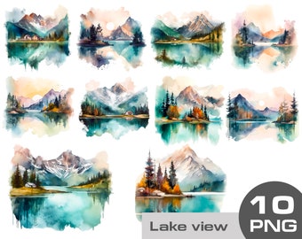 Mountain lake clipart, Watercolor Lake Sublimation PNG, Forest misty Lake Sublimation PNG, pine tree clipart, Mountain Hiking River Clipart