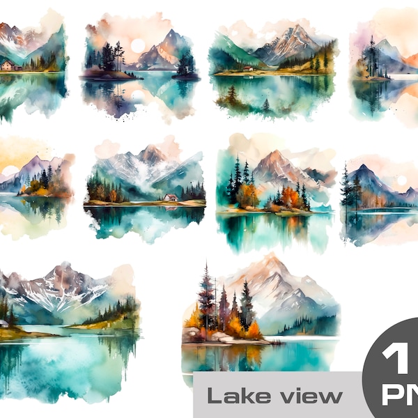 Mountain lake clipart, Watercolor Lake Sublimation PNG, Forest misty Lake Sublimation PNG, pine tree clipart, Mountain Hiking River Clipart