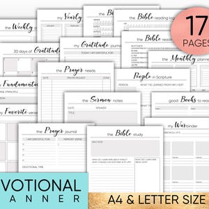 May include: A printable devotional planner with 17 pages, featuring a variety of sections for journaling, prayer, scripture study, and more. The planner is designed in a minimalist style with a gray and white color scheme.