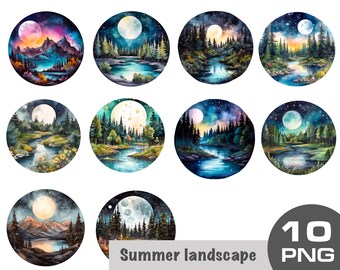 Watercolor forest lake Clipart, moon forest png, circle summer night landscape, wood landscape graphic png, mountain summer png Clipart