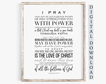 Ephesians 3:16-19 Printable Typography Bible Verse, I Pray that out His Glorious riches, Scripture Printable Art, Instant Download Ephesians