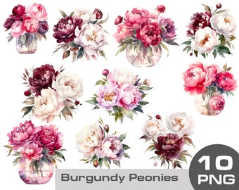 Watercolor white peonies clipart, burgundy peony clipart png, watercolor peony bouquet png, watercolor flowers clipart png on transparent