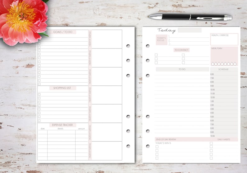 May include: A white planner with a pink and gray design. The left page has sections for goals, to do, shopping list, and expense tracker. The right page has sections for today's focus, to contact, to do, health/exercise, meal plan, schedule, and daily habits.