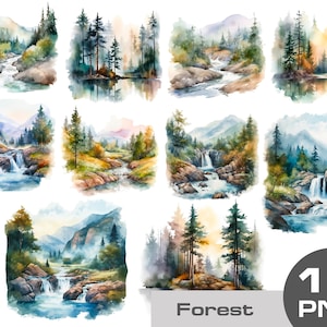 Aquarel berg waterval clipart, dennenbos clipart, berg bos illustratie, watervallen png, op transparante achtergrond