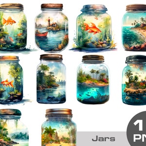 Watercolor jar with sea, fantasy sea jar clipart, fantasy jar png, Surprise Jars Clipart, Kawaii Jars Clipart PNG, sea bottle png