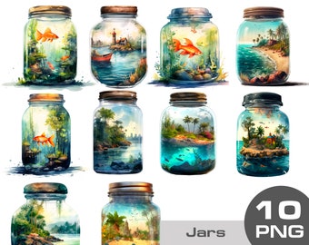 Watercolor jar with sea, fantasy sea jar clipart, fantasy jar png, Surprise Jars Clipart, Kawaii Jars Clipart PNG, sea bottle png