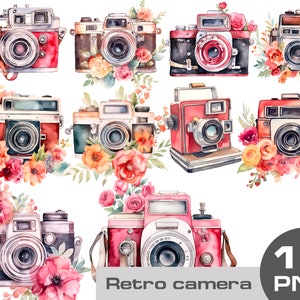 Puede incluir: Ilustraciones en acuarela de diez cámaras retro en varios colores, incluyendo rojo, marrón y negro. Cada cámara está adornada con arreglos florales en tonos rosa, naranja y amarillo. La imagen incluye el texto "Retro camera 10 PNG".