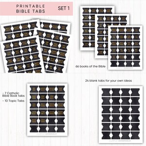 May include: Printable Bible tabs in a set of 66 books of the Bible, 7 Catholic Bible book tabs, 10 topic tabs, and 24 blank tabs. The tabs are black with gold lettering and a watercolor effect.