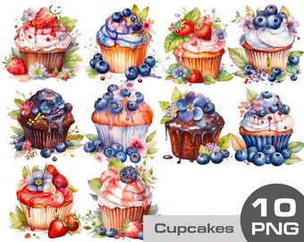 Watercolor cupcake png clipart, Birthday cupcakes clipart, Sweet dessert png, watercolor sweets png clipart, cupcake strawberry blueberry