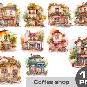 Puede incluir: Diez ilustraciones de acuarela de encantadoras cafeterías con diferentes estilos arquitectónicos y detalles. Cada tienda tiene una fachada única, con elementos como jardineras, toldos y letreros. Las ilustraciones están sobre un fondo blanco.