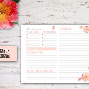 May include: A printable prayer journal with a pink floral design. The journal includes sections for gratitude, prayer needs, devotional time, bible reading, application to life, and what you learned about God.