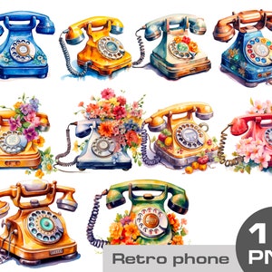 Watercolor retro phone, vintage telephone png, floral telephone clipart png, rustic phone png, boho clipart, retro clipart Free commercial