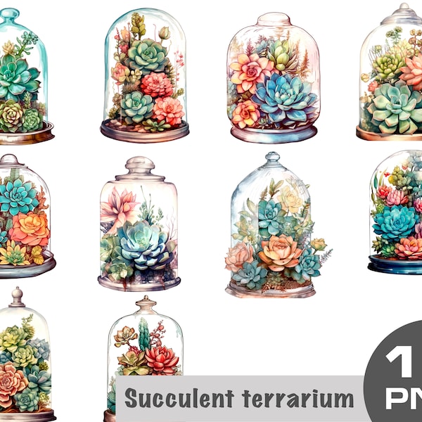 Watercolor succulent Terrarium Clipart, Plant terrarium, Garden in a Jar, succulent terrarium png, nature in a jar, flowers in terrarium png