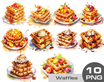 Watercolour waffles clipart, waffles breakfast png, waffles with fruits and chocolate clipart png, breakfast clipart png free commercial use