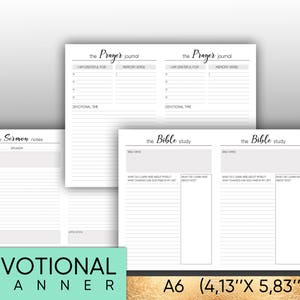 Puede incluir: Un planificador devocional imprimible con secciones para notas de sermones, diario de oraci&oacute;n y estudio b&iacute;blico. El planificador est&aacute; dise&ntilde;ado en un estilo minimalista con texto negro sobre fondo blanco. El tama&ntilde;o del planificador es A6, que es 10,5 cm por 14,8 cm.