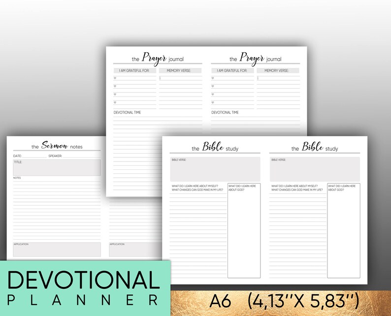 Puede incluir: Un planificador devocional imprimible con secciones para notas de sermones, diario de oraci&oacute;n y estudio b&iacute;blico. El planificador est&aacute; dise&ntilde;ado en un estilo minimalista con texto negro sobre fondo blanco. El tama&ntilde;o del planificador es A6, que es 10,5 cm por 14,8 cm.