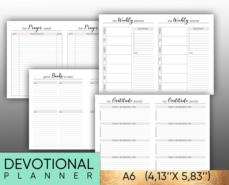 Puede incluir: Un planificador devocional imprimible en tama&ntilde;o A6 (4,13" x 5,83"). El planificador incluye secciones para peticiones de oraci&oacute;n, libros para leer, horarios semanales y diario de gratitud.