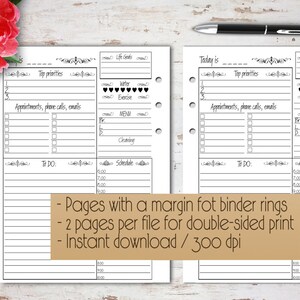 Puede incluir: Dos p&aacute;ginas de planificador blancas con un dise&ntilde;o floral y un bol&iacute;grafo. Las p&aacute;ginas tienen secciones para tareas diarias, citas y un horario. El texto en las p&aacute;ginas incluye "Today is", "Top priorities" y "Schedule". Tambi&eacute;n es visible el texto "- Pages with a margin fot binder rings - 2 pages per file for double-sided print - Instant download / 300 dpi".