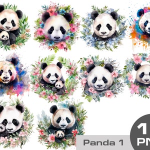 Watercolor cute panda clipart, nursery panda png, panda sublimation, mama and baby clipart, mama and baby png Free commercial use clipart