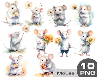 Mouse clipart, mouse with a flower, dandelion clipart, white mouse clipart, watercolor mouse, farm animals png clipart free commercial use