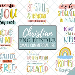 May include: A set of nine colourful digital clipart images with Christian quotes and sayings. The images feature a rainbow, clouds, hearts, and stars. The quotes include "I am who you say I am", "Be still and know that I am God", "My God specializes in miracles", "Focus on me, not the storm", "Do not fear for I am with you", "Called to be free", "Perhaps this is the moment for which you have been created", and "Promise keeper".