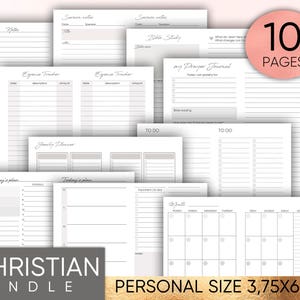 May include: A printable Christian planner bundle with 10 pages in a personal size of 3.75 by 6.75 inches. The pages include sections for notes, sermon notes, expense tracking, family planning, prayer journaling, to-do lists, and a monthly calendar.