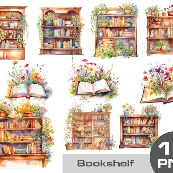 Watercolor bookshelf clipart, Watercolor book clipart, floral bookshelf bundle, book lover clipart on transparent background Commercial Use