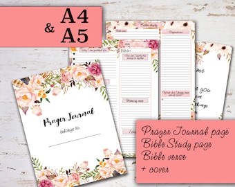 May include: A printable prayer journal with a floral design. The cover features a pink and white floral pattern with the text "Prayer Journal" and "belongs to". The journal includes pages for prayer, bible study, and bible verses.