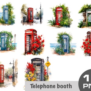 Vintage Public Telephone Booth Clipart, Retro Booth Clipart, London phone booth clipart, Antique Telephones Clipart vintage floral phone