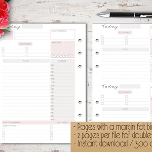 May include: Two printable pages for a daily planner with sections for to-do lists, schedule, health and exercise, meal plan, daily habits, and today's wins. The pages have a margin for binder rings and are designed for double-sided printing.