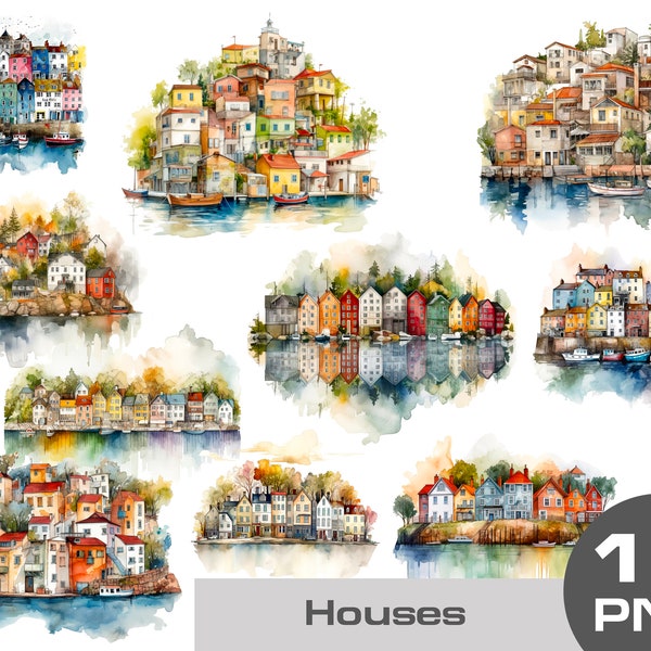 Watercolor houses clipart, watercolor cottage drawing, watercolor English seaside houses clipart, Norway harbour clipart, houses in a row