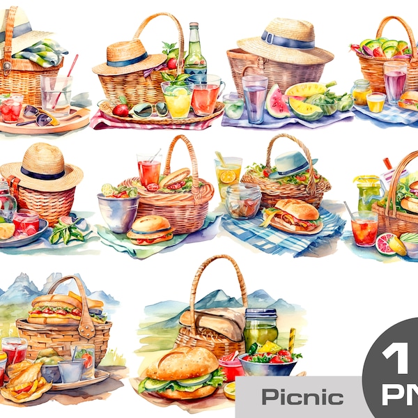 Watercolor picnic clipart, picnic on the ground, picnic basket and food, picnic clipart, picnic near mountains clipart free commercial use