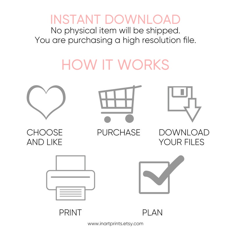 Puede incluir: Gr&aacute;fico blanco con texto rosa que dice "DESCARGA INSTANT&Aacute;NEA" y "C&Oacute;MO FUNCIONA". La imagen muestra un coraz&oacute;n, un carrito de compras, un disquete, una impresora y una marca de verificaci&oacute;n con los textos: "ELEGIR Y GUSTAR", "COMPRAR", "DESCARGAR TUS ARCHIVOS", "IMPRIMIR" y "PLANIFICAR".