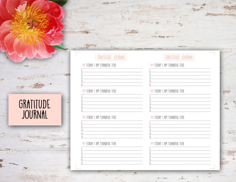 May include: A printable gratitude journal with a pink background and the text "Gratitude Journal" at the top of each page. The journal has space for writing down five things you are grateful for each day.