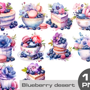 Watercolor Blueberry dessert png clipart, blueberry cupcake png, blueberry muffin png, blueberry cake macaroon, watercolor clipart png