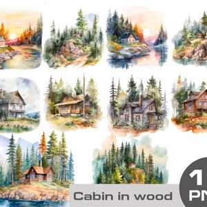 Watercolor Lake House Clipart, watercolor cabin clipart, Cabin in the wood, forest lake house clipart, smoky mountains scenery png
