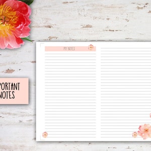 May include: A printable sheet of paper with lined pages for taking notes. The paper has a pink header with the text "My Notes" and a pink flower graphic. The bottom of the page has a few pink flowers.