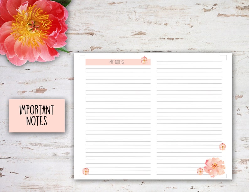 May include: A printable sheet of paper with lined pages for taking notes. The paper has a pink header with the text "My Notes" and a pink flower graphic. The bottom of the page has a few pink flowers.