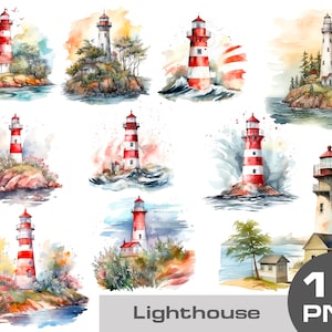 Watercolor lighthouses clipart, Nautical ocean sea watercolor clipart, lighthouse painting on transparent background free commercial use